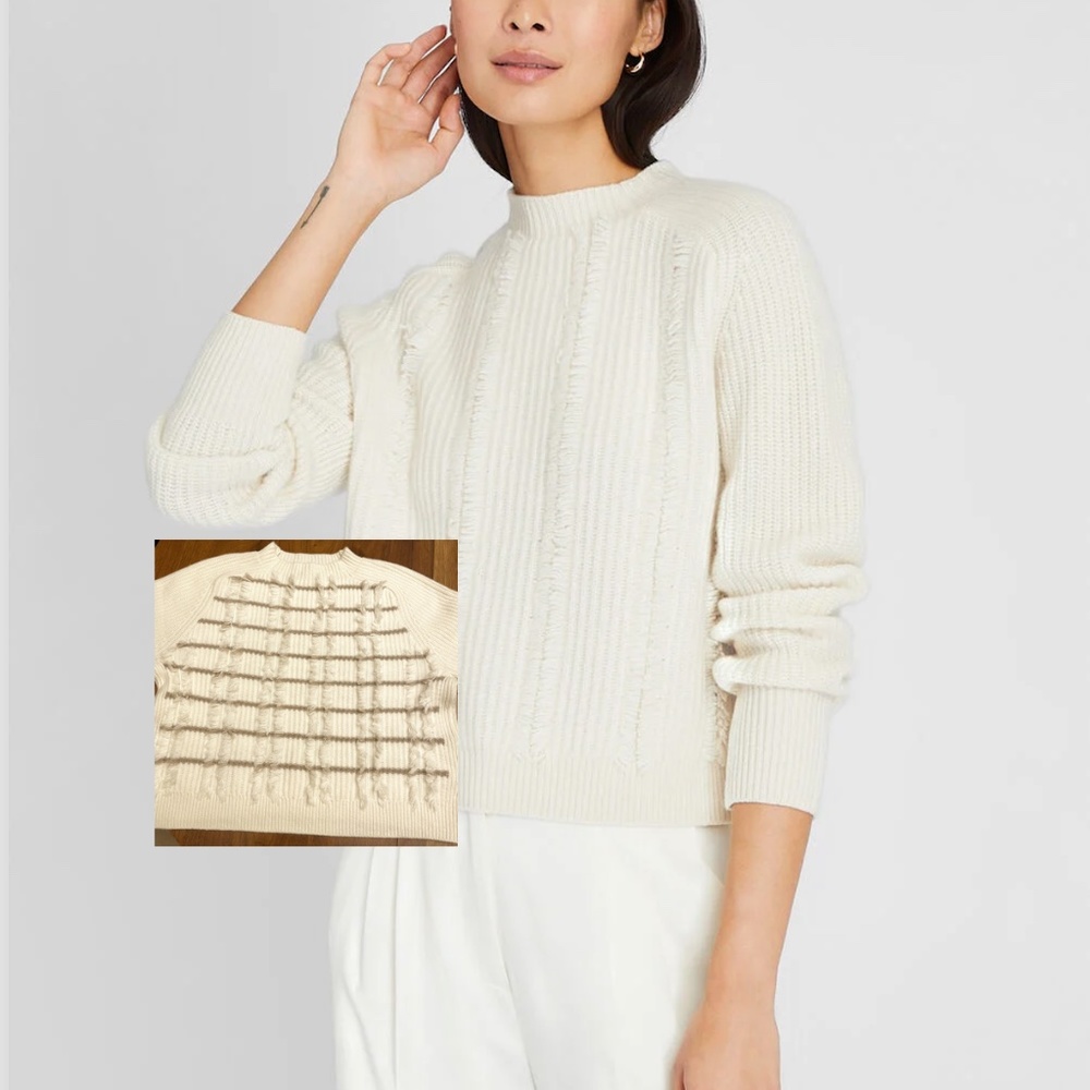 Cashmere Cropped Stripe/Fringe Crewneck- Brand New- NEVER WORN- IVORY/TAUPE MIX*